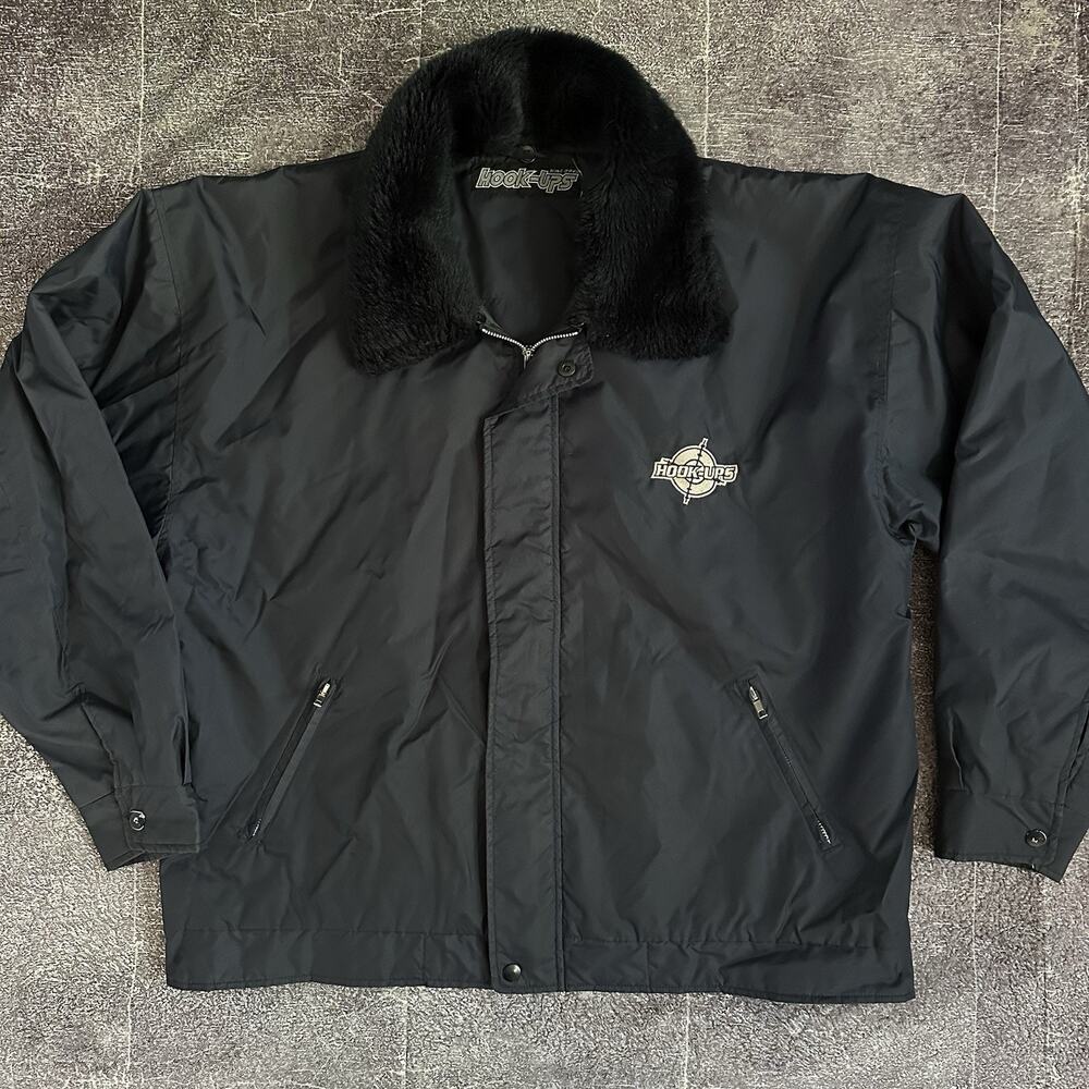 Mens Vintage Hook Ups Skateboard Navy Blue Windbreaker Bomber Zip Up Jacket Sz L